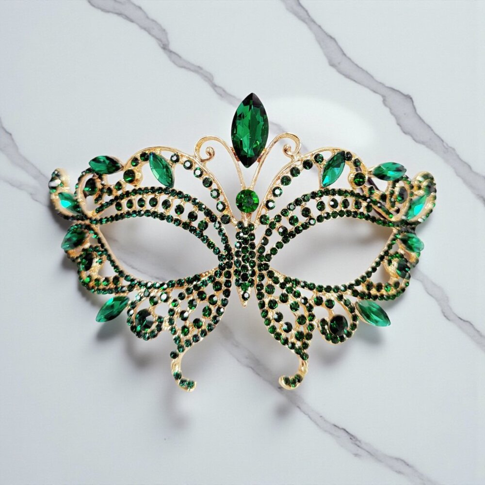 Gold masquerade mask, green crystal mask, Cosplay mask, Venetian mask, ball mask